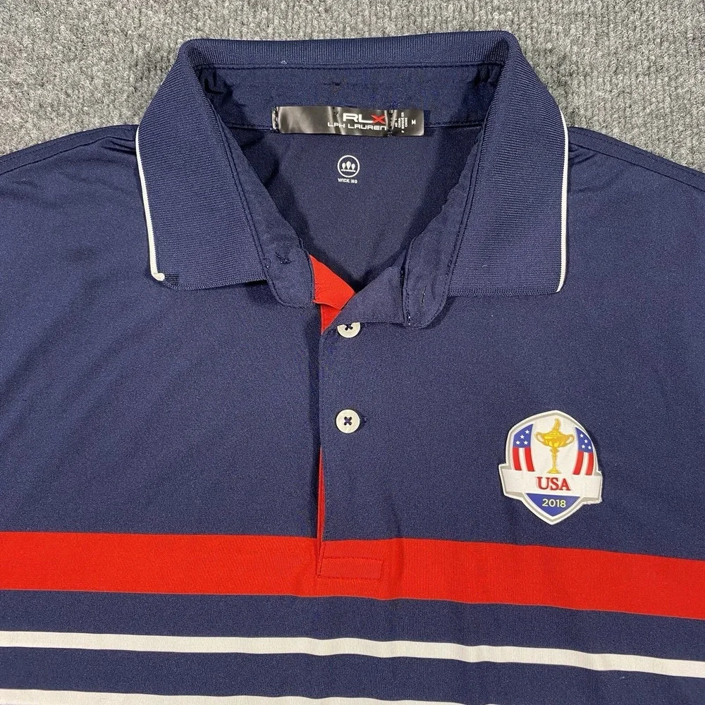 RLX Ralph lauren Mens Medium Performance Fabric Wicking Golf Striped Polo Shirt